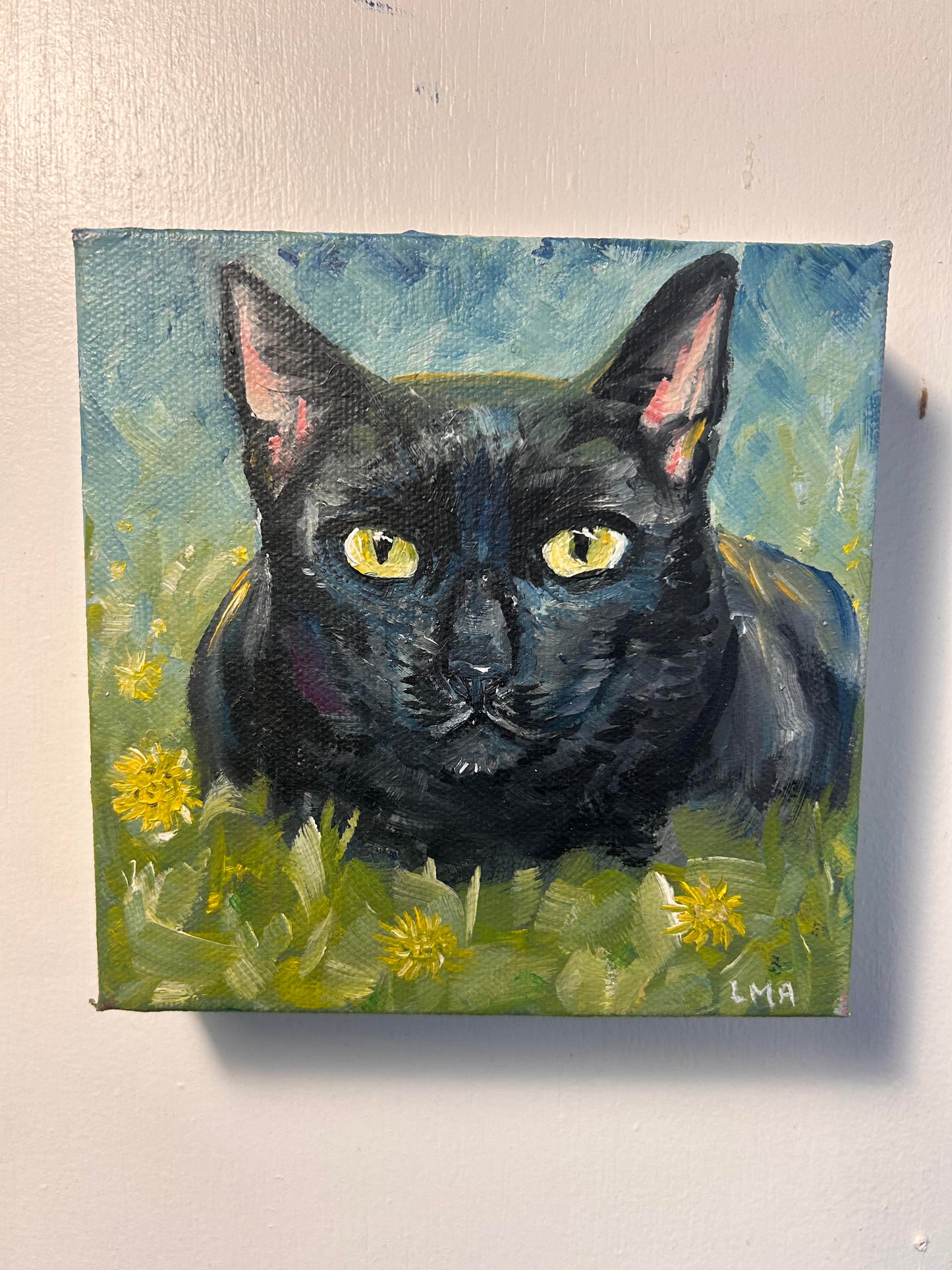 Black Cat in Meadow - 6x6in Oil Painting